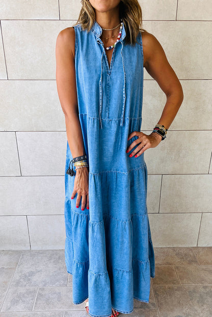 Real Teal Sleeveless Tiered Chambray Maxi Dress - Cowaa