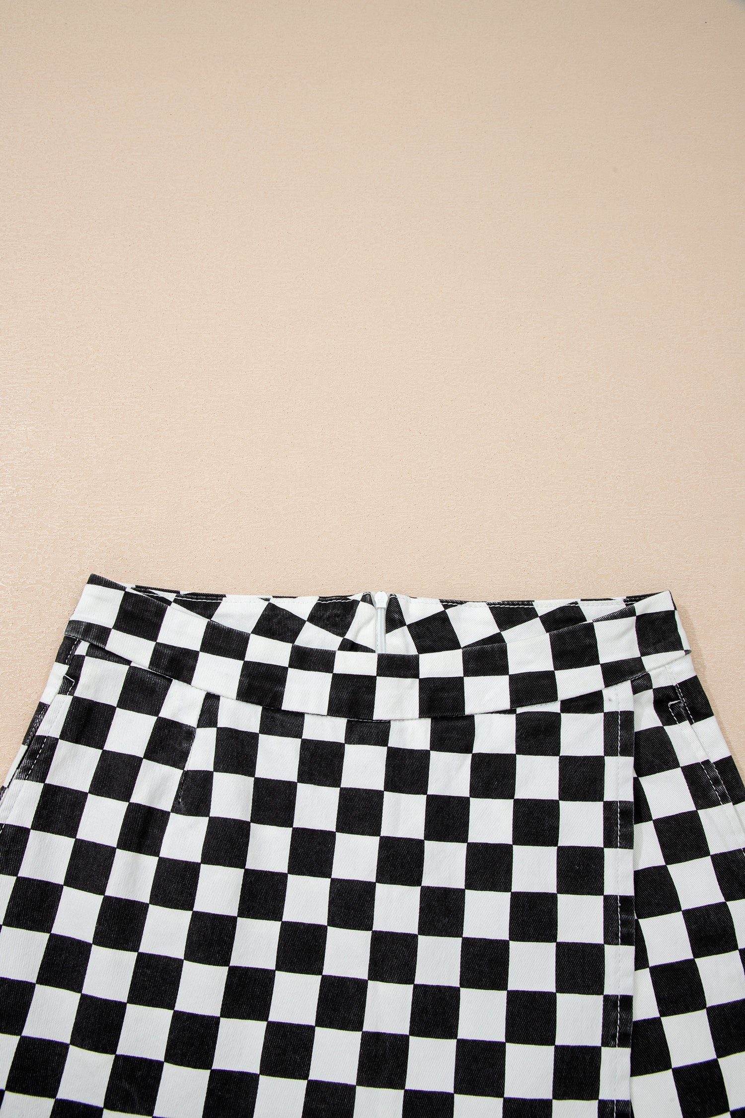 Black Checkered Print Overlap Denim Shorts - Cowaa