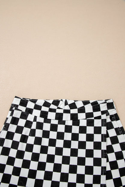 Black Checkered Print Overlap Denim Shorts - Cowaa