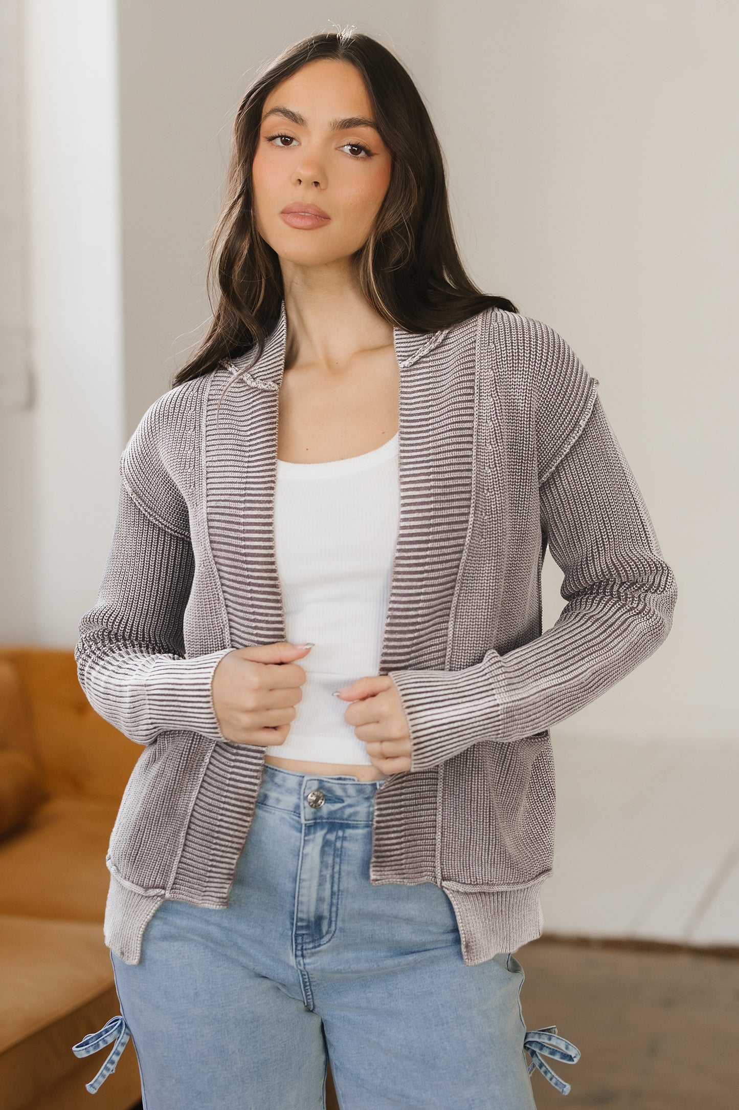Dark Brown Mineral Wash Exposed Seam Patchwork Knit Open Sweater Cardigan - Cowaa