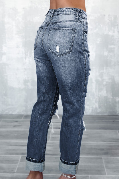 Sky Blue Light Wash Frayed Slim Fit High Waist Jeans - Cowaa