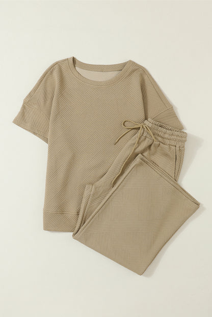 Navy Blue Textured Loose Fit T Shirt and Drawstring Pants Set - Cowaa
