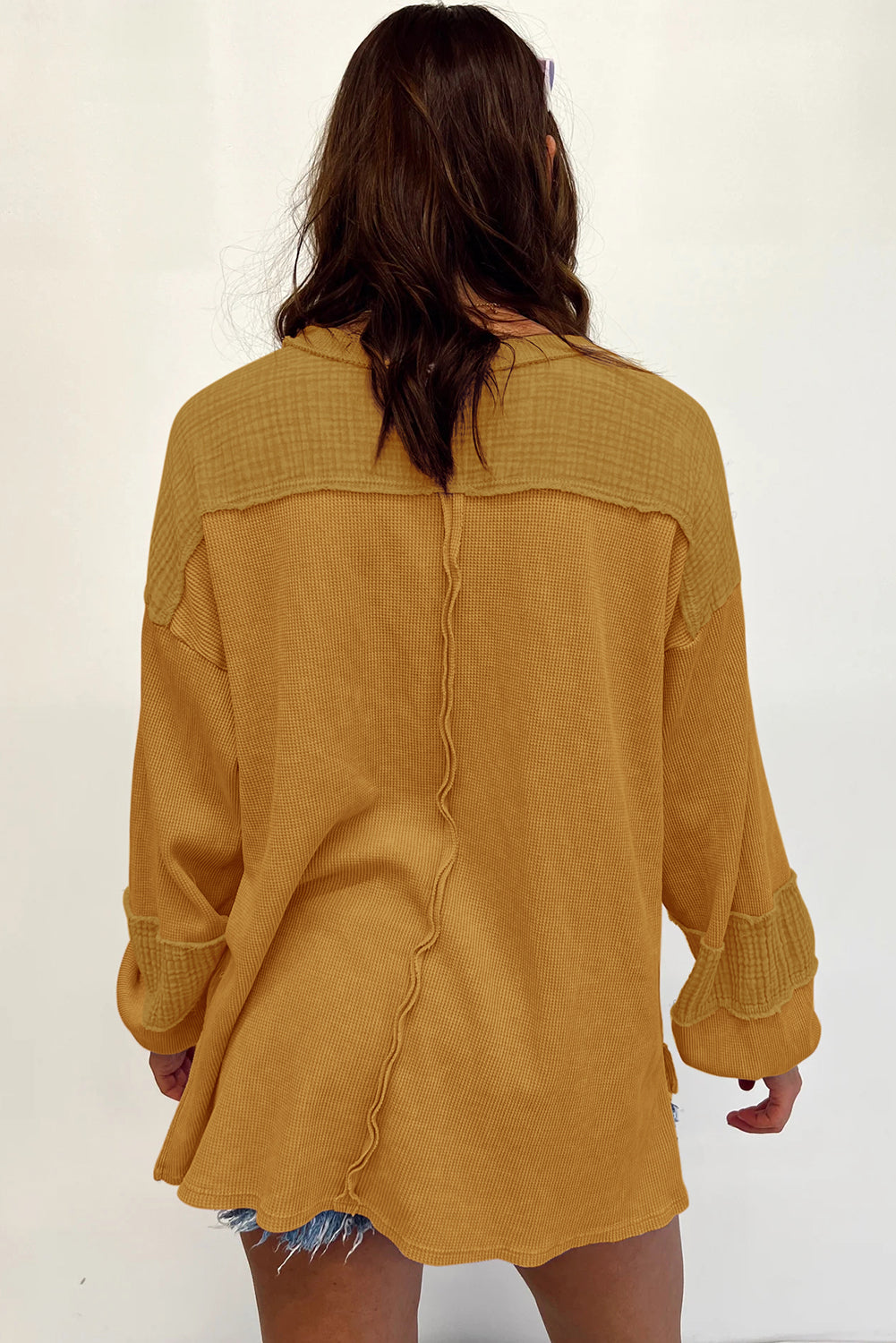 Crinkle Patchwork Long Sleeve Top - Cowaa