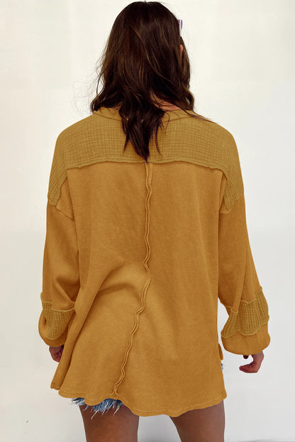 Crinkle Patchwork Long Sleeve Top - Cowaa