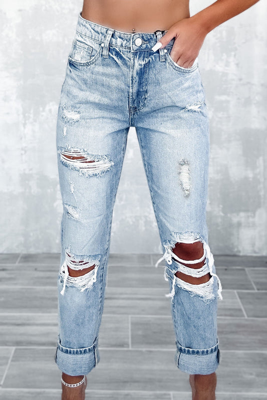 Sky Blue Light Wash Frayed Slim Fit High Waist Jeans - Cowaa