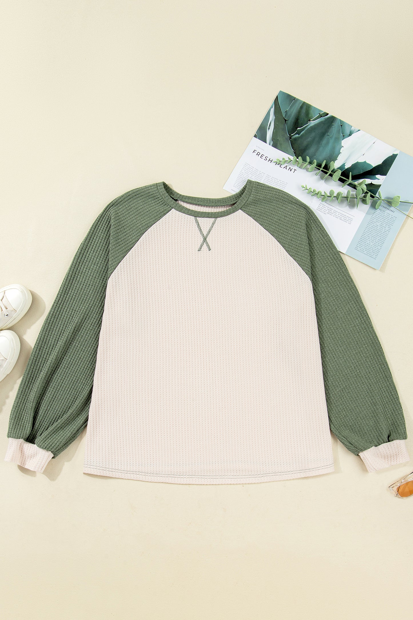 Mist Green Plus Size Waffled Color Block Long Sleeve Top - Cowaa