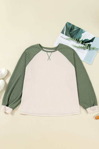 Mist Green Plus Size Waffled Color Block Long Sleeve Top - Cowaa