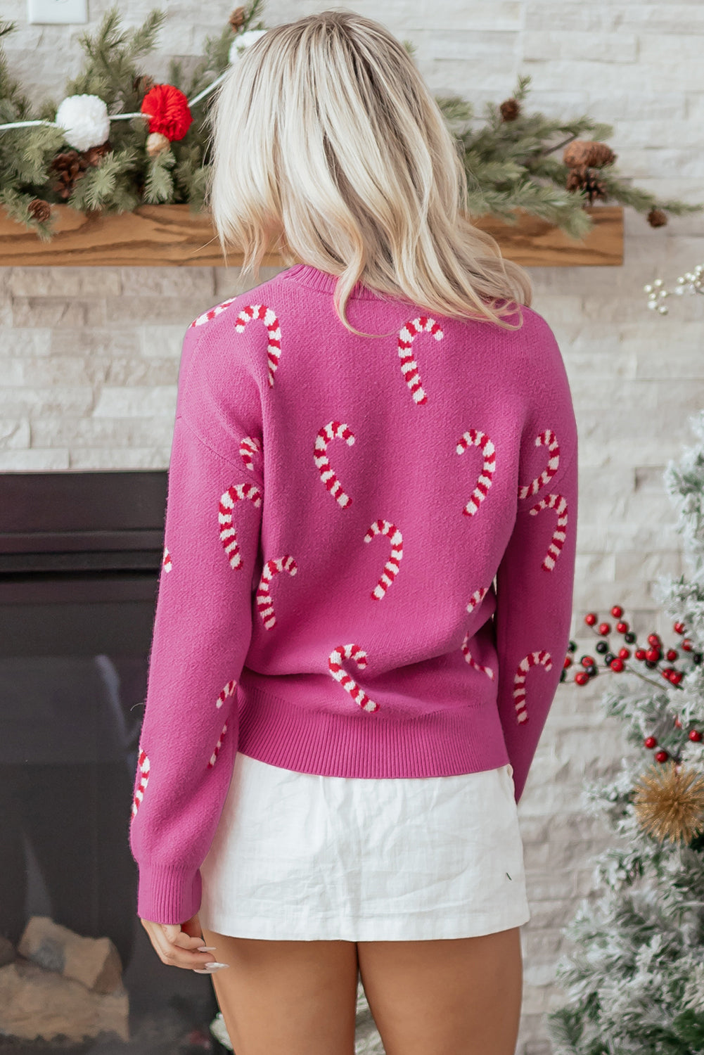 Sachet Pink Christmas Candy Cane Holiday Drop Shoulder Sweater - Cowaa