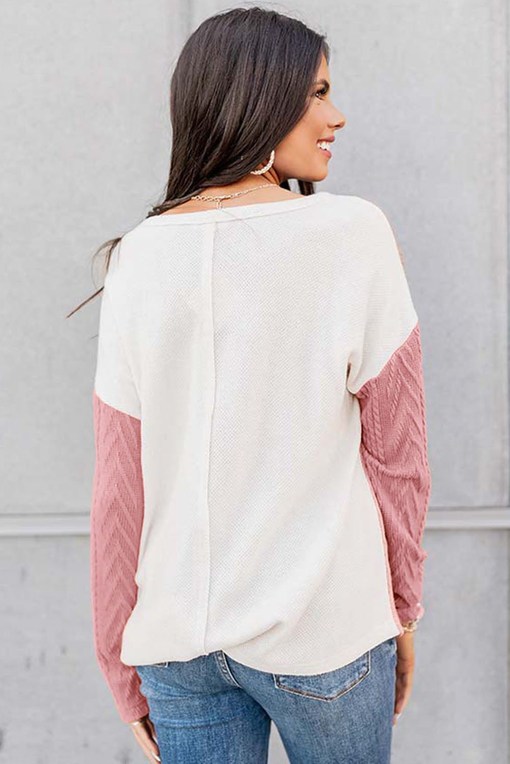 Long Sleeve Colorblock Chest Pocket Textured Knit Top - Cowaa