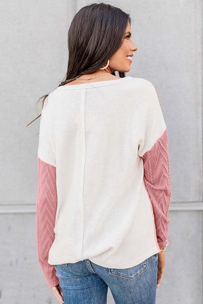 Long Sleeve Colorblock Chest Pocket Textured Knit Top - Cowaa