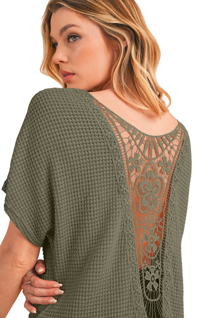 Oatmeal Guipure Lace Splicing Back Waffle Textured T-shirt - Cowaa