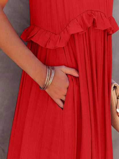 Ruffled Sleeveless Tiered Maxi Dress with Pockets - Cowaa