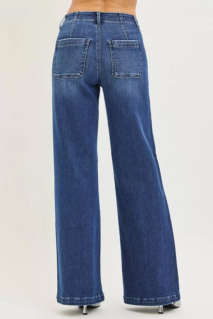 RISEN High Rise Wide Leg Slanted Pocket Jeans.