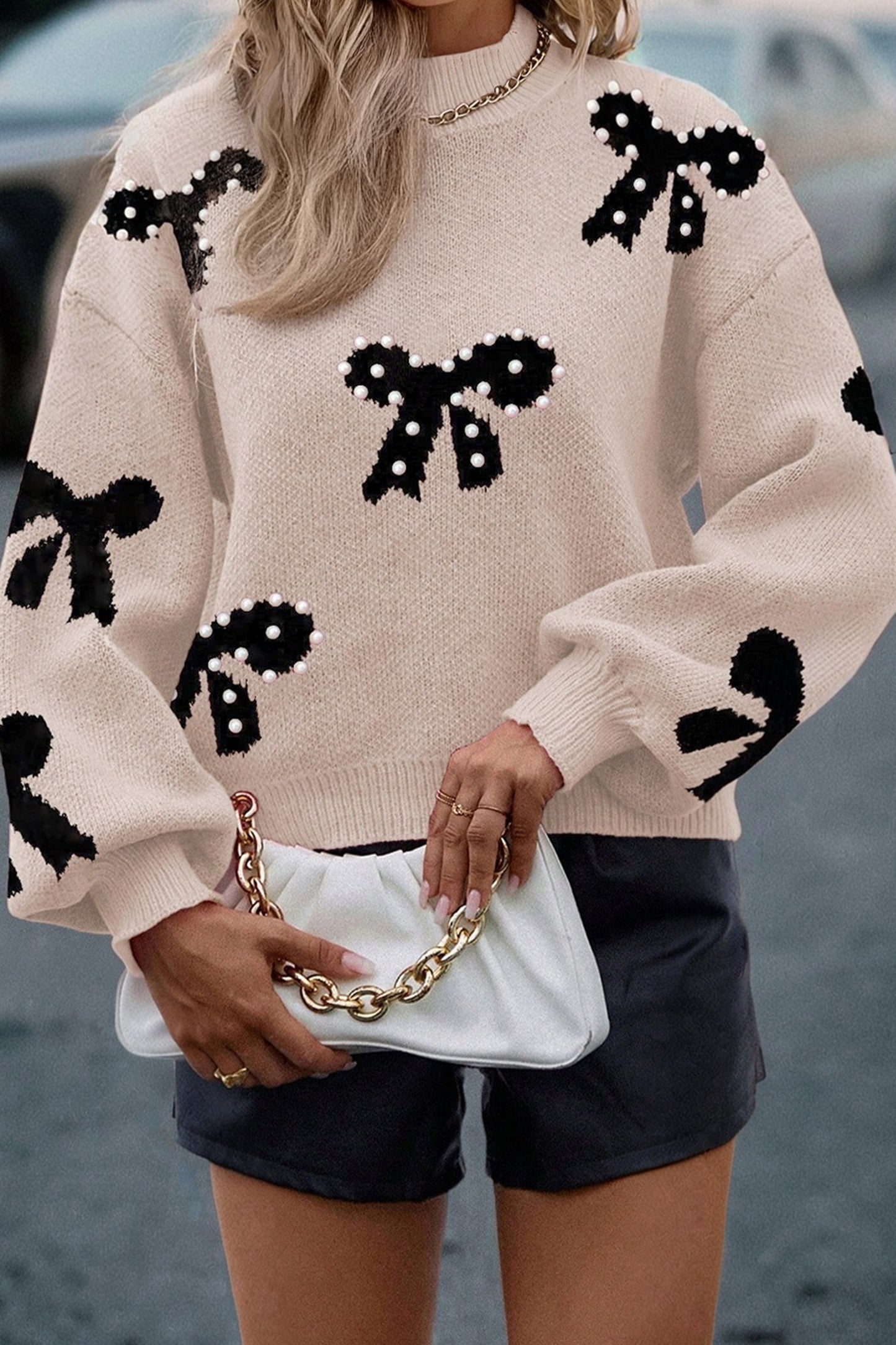 Smoke Gray Pearl Embellished Bow Pattern Loose Sweater - Cowaa