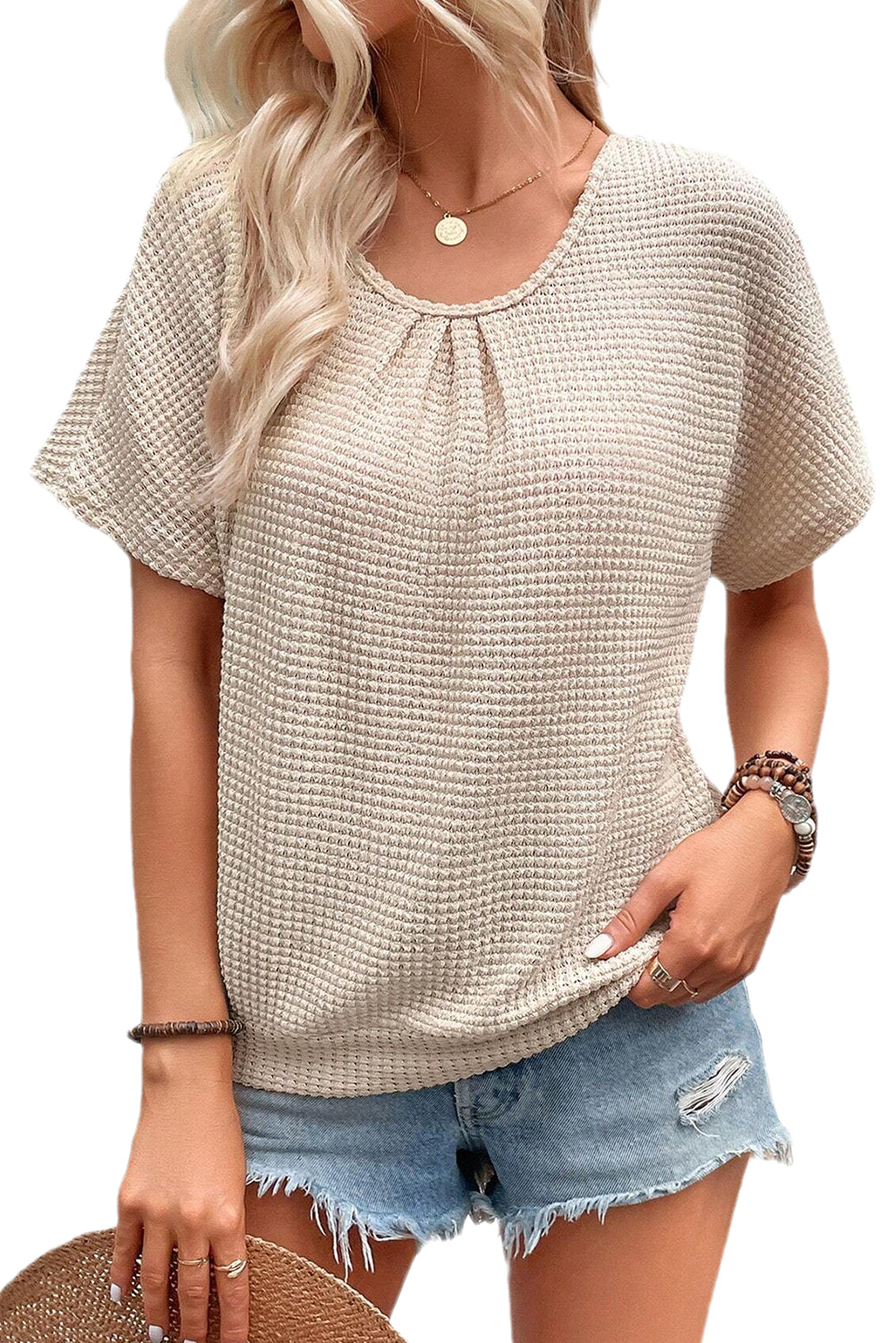 Oatmeal Guipure Lace Splicing Back Waffle Textured T-shirt - Cowaa