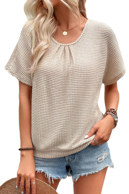 Oatmeal Guipure Lace Splicing Back Waffle Textured T-shirt - Cowaa