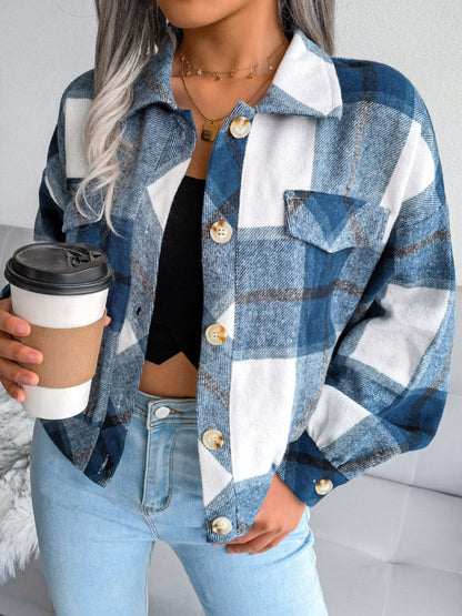 Plaid Collared Neck Long Sleeve Jacket - Cowaa