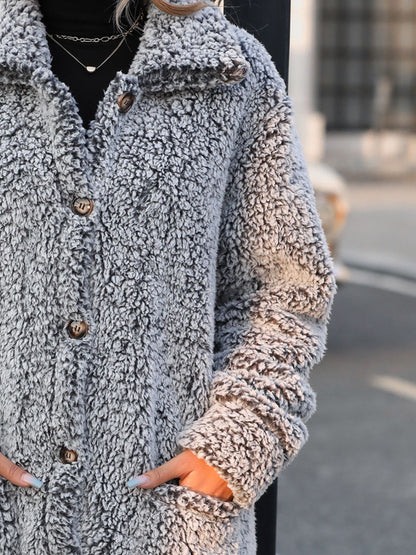 Pocketed Collared Neck Long Sleeve Plush Jacket - Cowaa