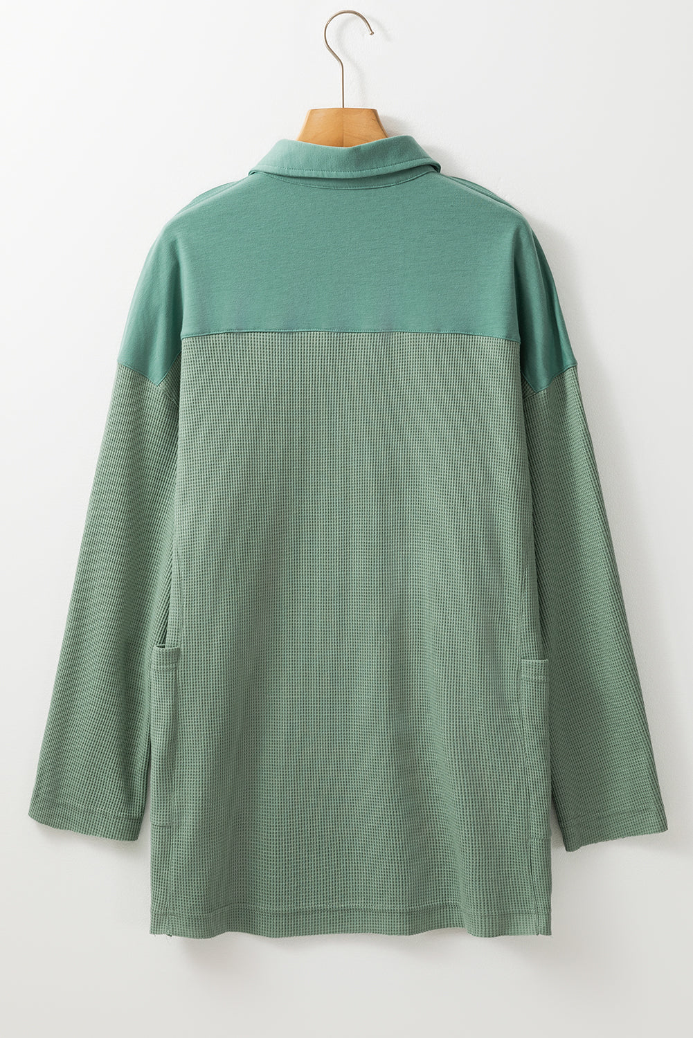 Pink Waffle Patchwork Drop Sleeve Henley Top - Cowaa