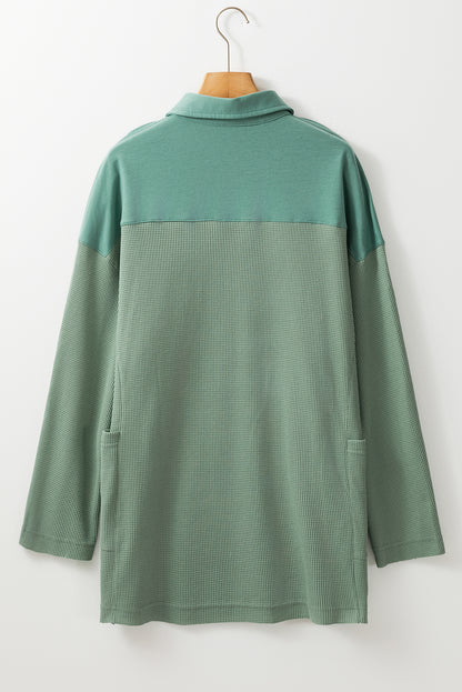 Pink Waffle Patchwork Drop Sleeve Henley Top - Cowaa