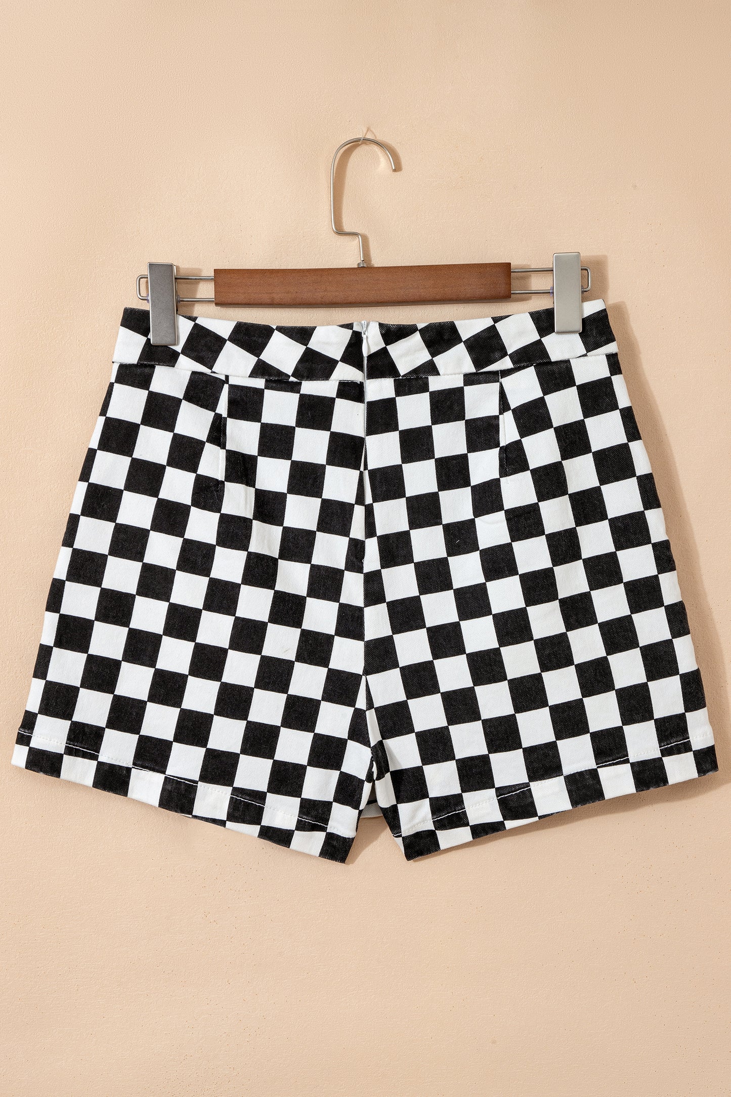 Black Checkered Print Overlap Denim Shorts - Cowaa