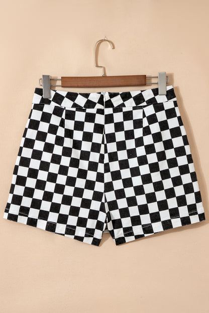 Black Checkered Print Overlap Denim Shorts - Cowaa