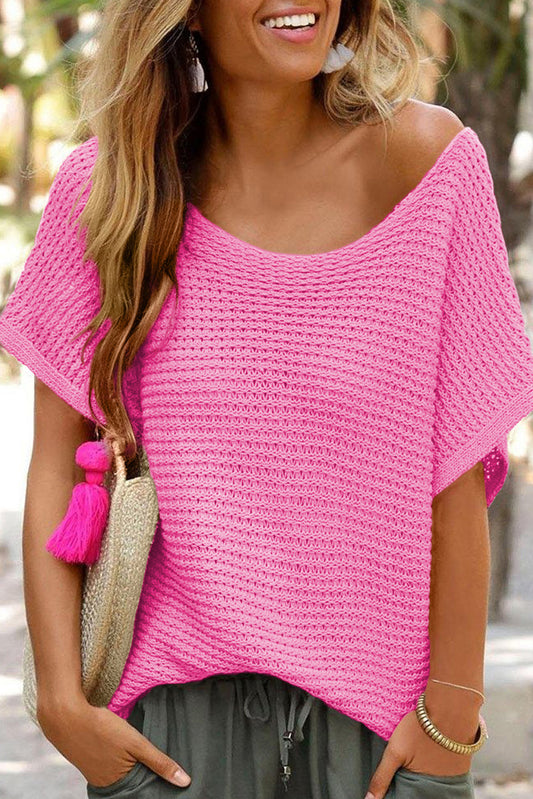 Pink Plain Knit Loose Batwing Sleeve Blouse - Cowaa