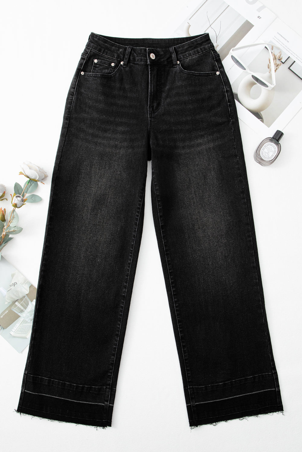 Black Raw Hem Unique Cuffs Straight High Rise Loose Jeans - Cowaa