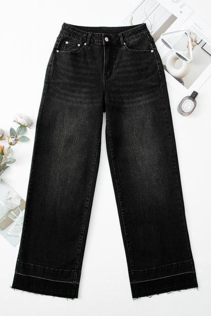 Black Raw Hem Unique Cuffs Straight High Rise Loose Jeans - Cowaa