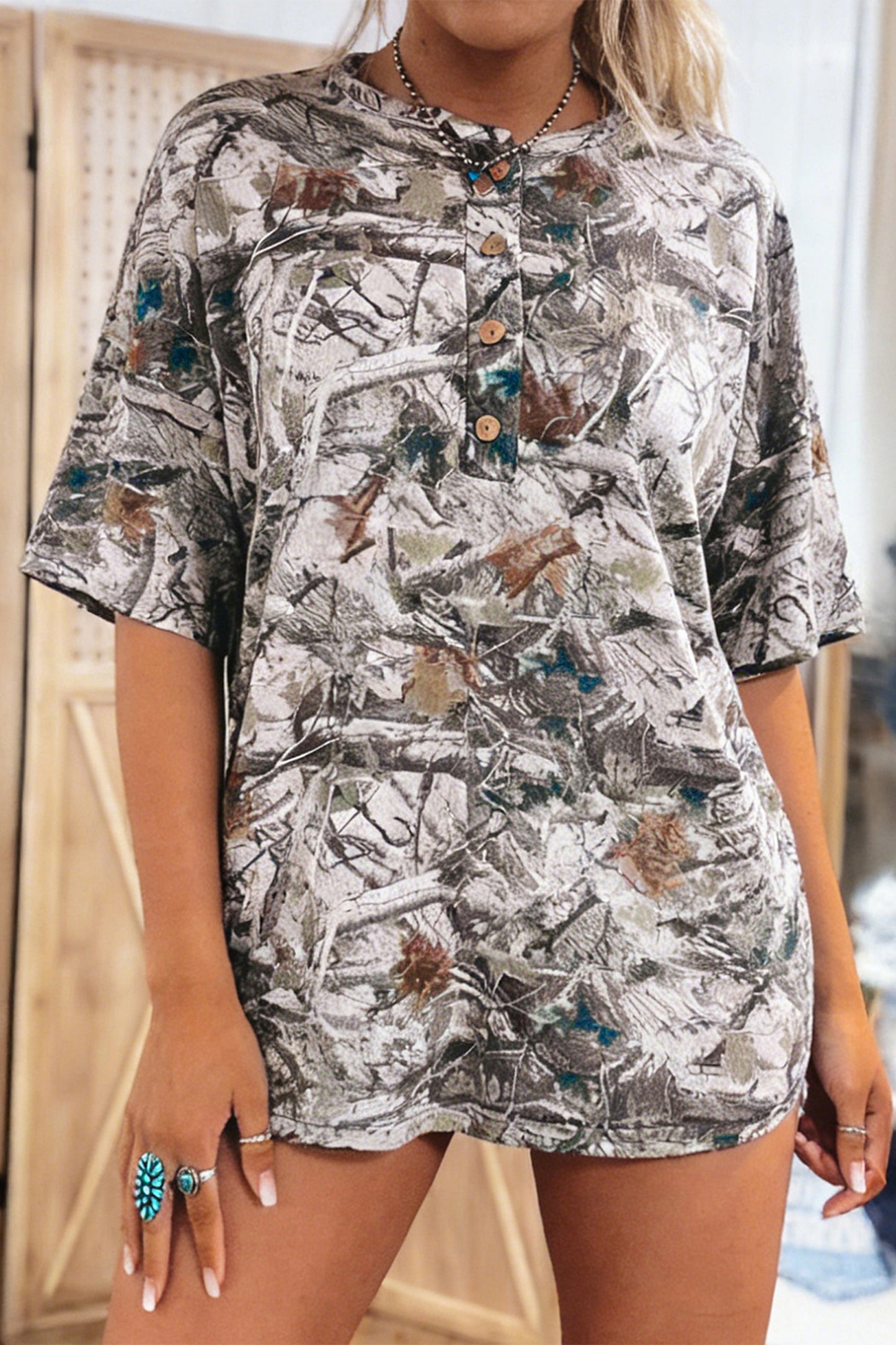 Gray Abstract Woodland Print Tunic Henley T Shirt