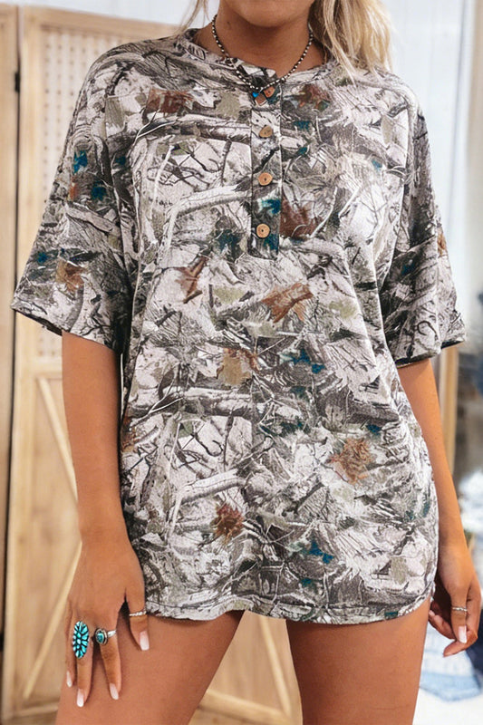 Gray Abstract Woodland Print Tunic Henley T Shirt