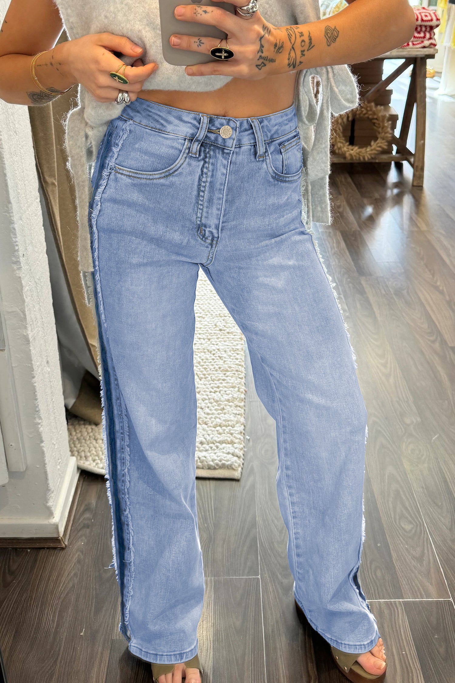 Beau Blue Contrast Stripe Frayed Side Panel Patchwork Shift Jeans - Cowaa