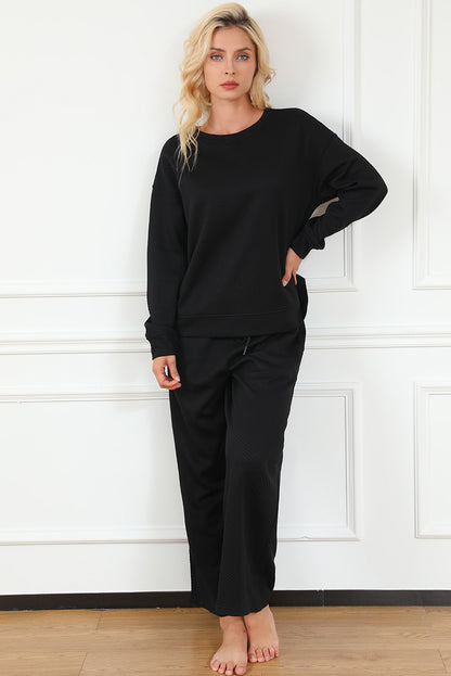 Strawberry Pink Textured Loose Slouchy Long Sleeve Top and Pants Set - Cowaa