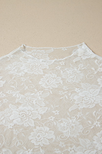 White Plus Size Floral Mesh Long Sleeve Top