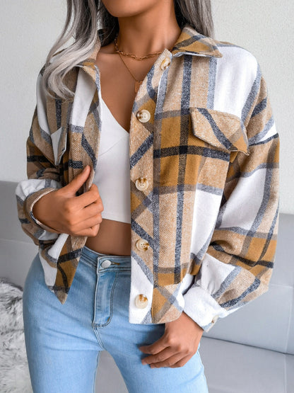 Plaid Collared Neck Long Sleeve Jacket - Cowaa