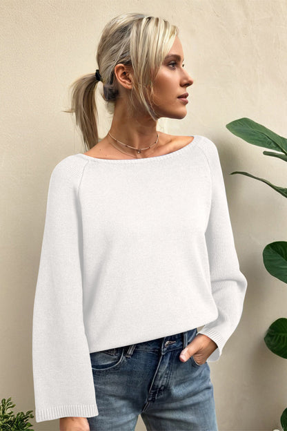 White Solid Color Knit Loose Bracelet Sleeve Dolman Sweater