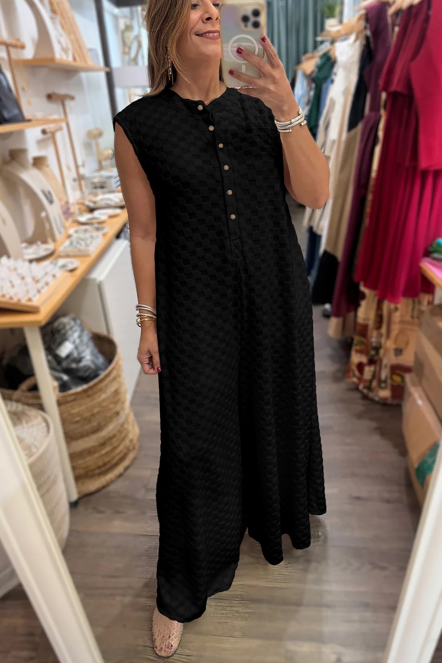 Black Half Buttons Sleeveless Wide Leg Textured Jumpsuit - Cowaa