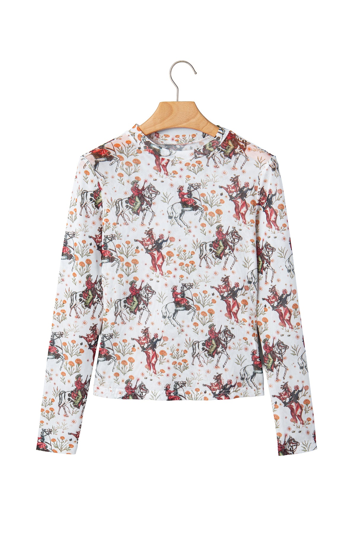 Brown Western Cowboy Floral Print Sheer Mesh Long Sleeve Top