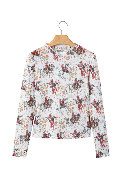 Brown Western Cowboy Floral Print Sheer Mesh Long Sleeve Top