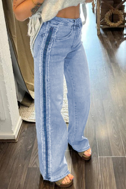 Beau Blue Contrast Stripe Frayed Side Panel Patchwork Shift Jeans - Cowaa