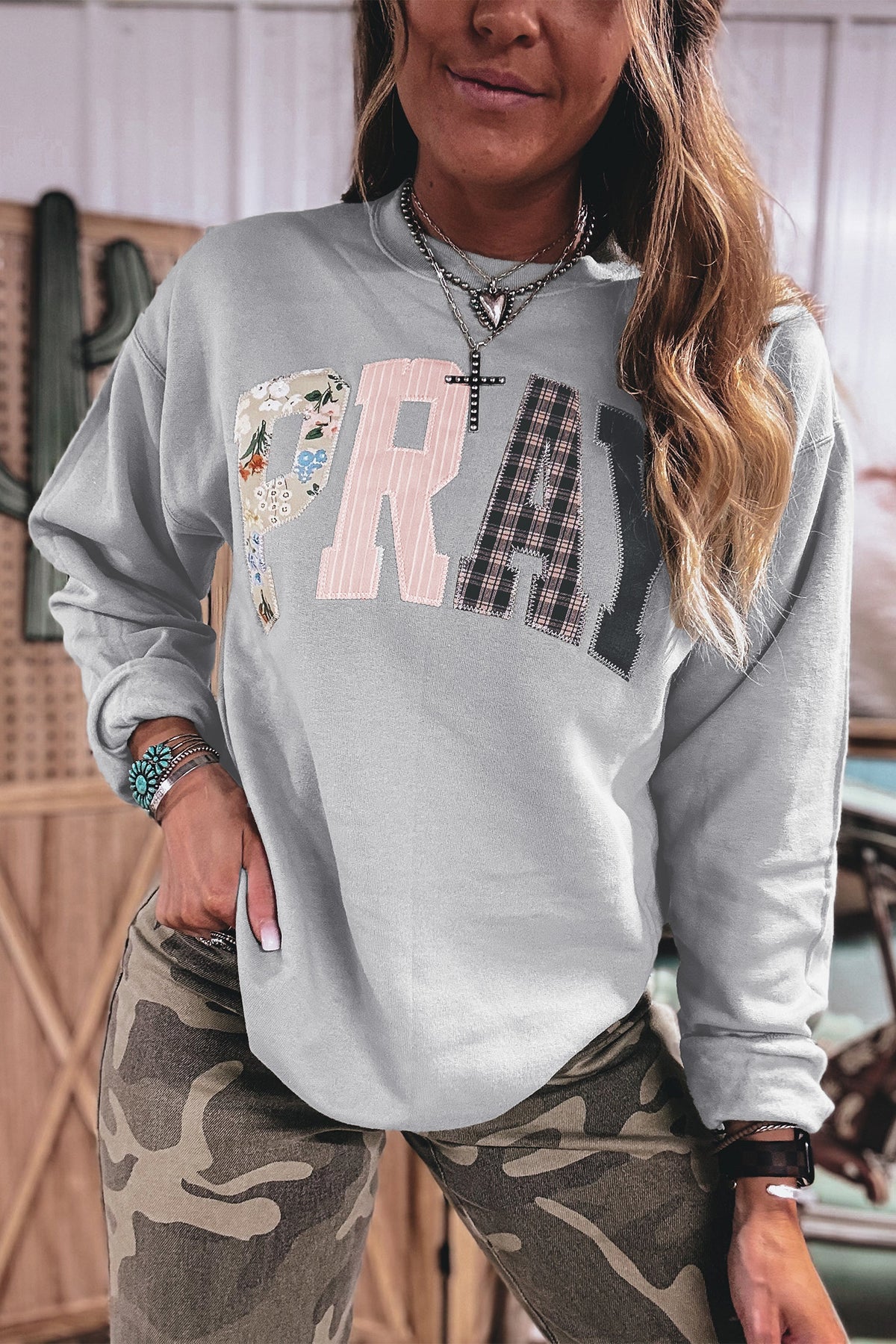 Racing Red Floral Buffalo Plaid Striped Embroidered Patch Western Pullover Sweatshirt