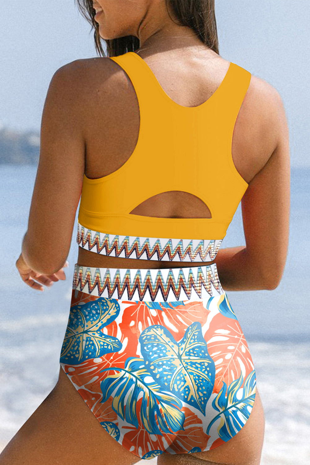 Yellow Contrast Trim Mix and Match High Waist 2pcs Swimsuit