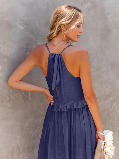Ruffled Sleeveless Tiered Maxi Dress with Pockets - Cowaa