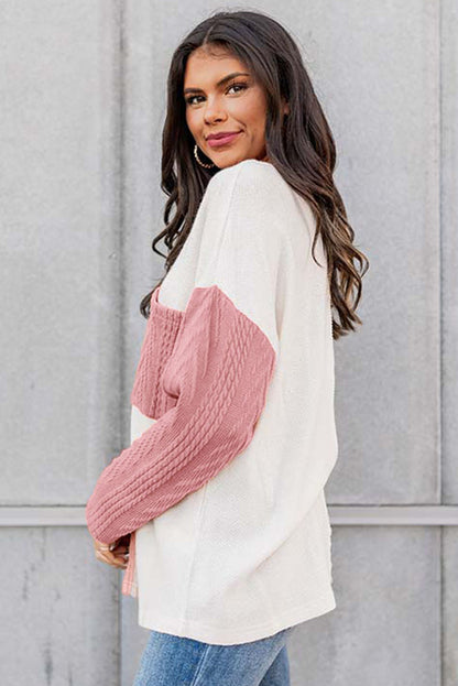 Long Sleeve Colorblock Chest Pocket Textured Knit Top - Cowaa