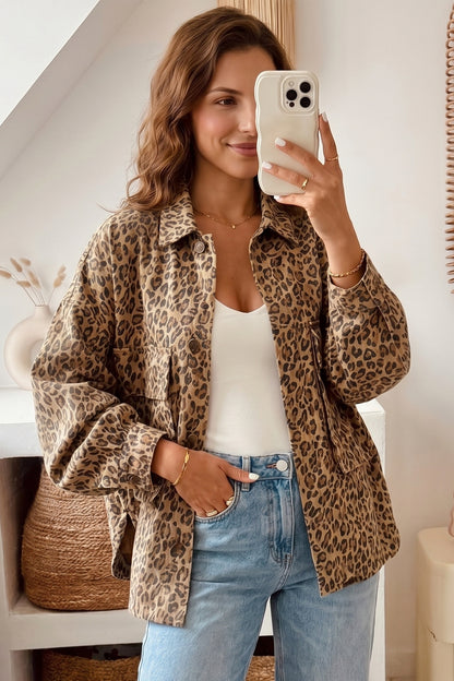 Khaki Leopard Print Collar Long Sleeve Patch Pocket Shift Denim Jacket