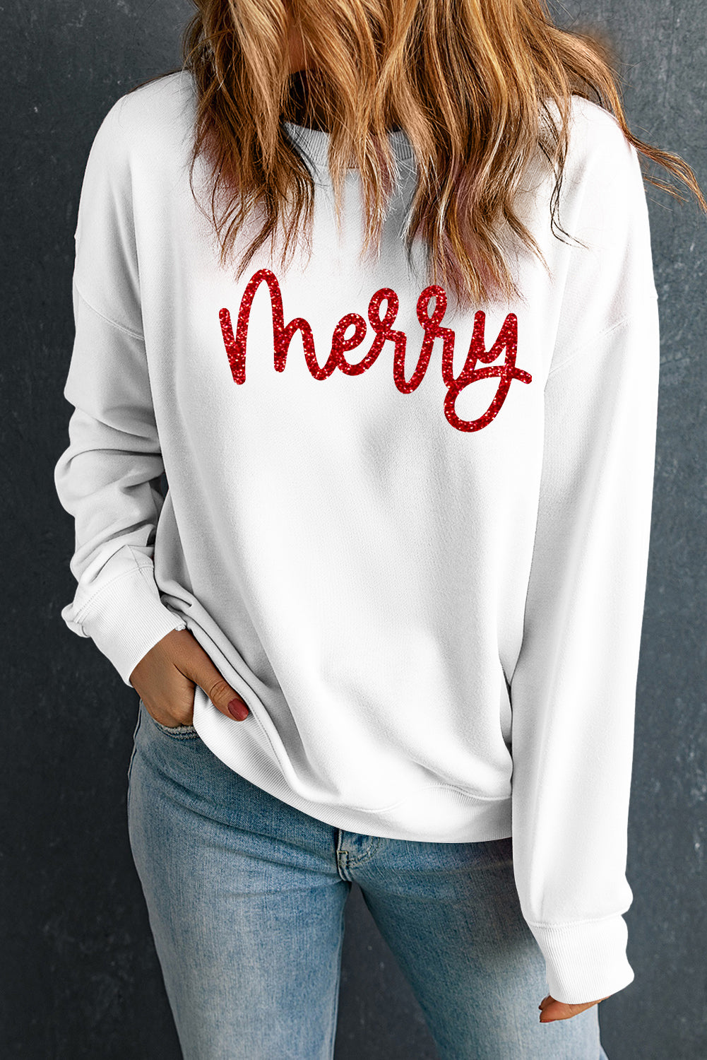 Beige Glitter Merry Graphic Transfer Vinyl Process Crew Neck Sweatshirt - Cowaa