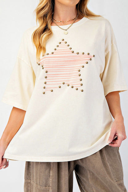 Beige Star Print Stud Detail Cotton Jersey Top