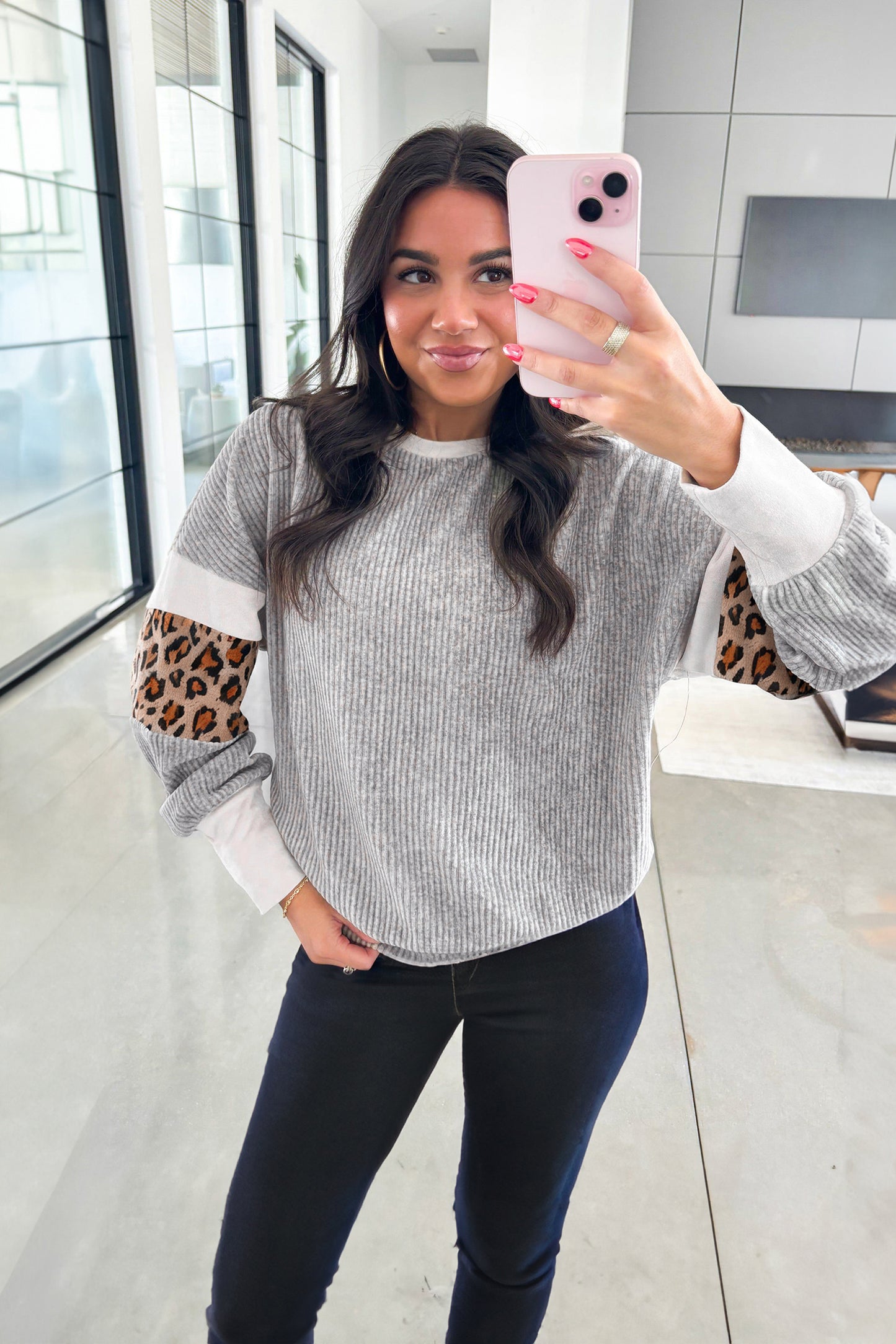 Gray Leopard Print Colorblock Patchwork Ribbed Knit Top - Cowaa