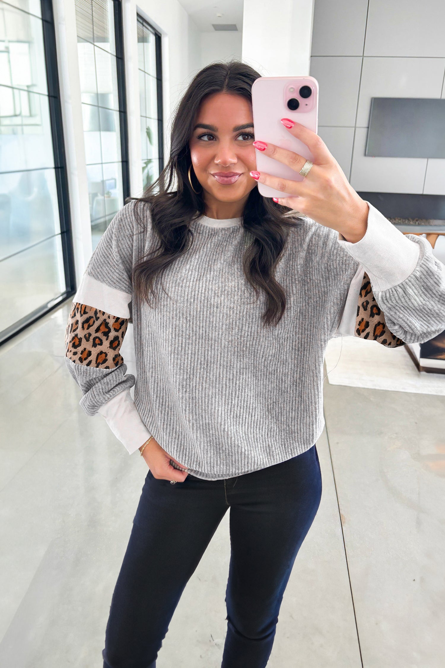 Gray Leopard Print Colorblock Patchwork Ribbed Knit Top - Cowaa