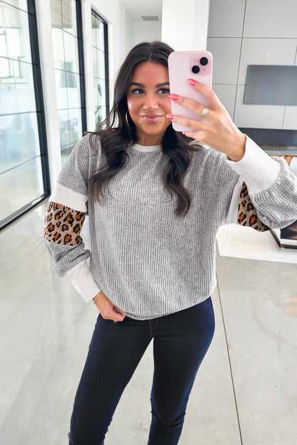 Gray Leopard Print Colorblock Patchwork Ribbed Knit Top - Cowaa